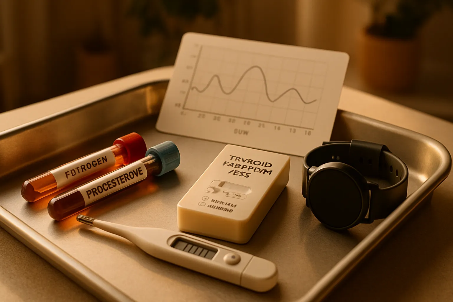 Conjunto de ferramentas diagnósticas para investigação de suor noturno incluindo testes hormonais, termômetro e dispositivos de monitoramento