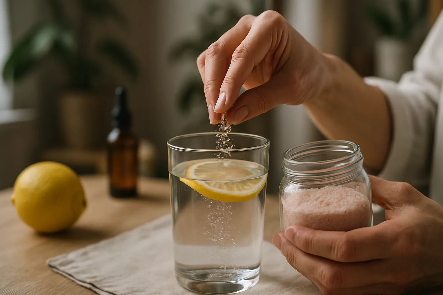 Preparação de solução de hidratação com eletrólitos, adicionando sal rosa do Himalaia à água com limão para hidratação celular adequada