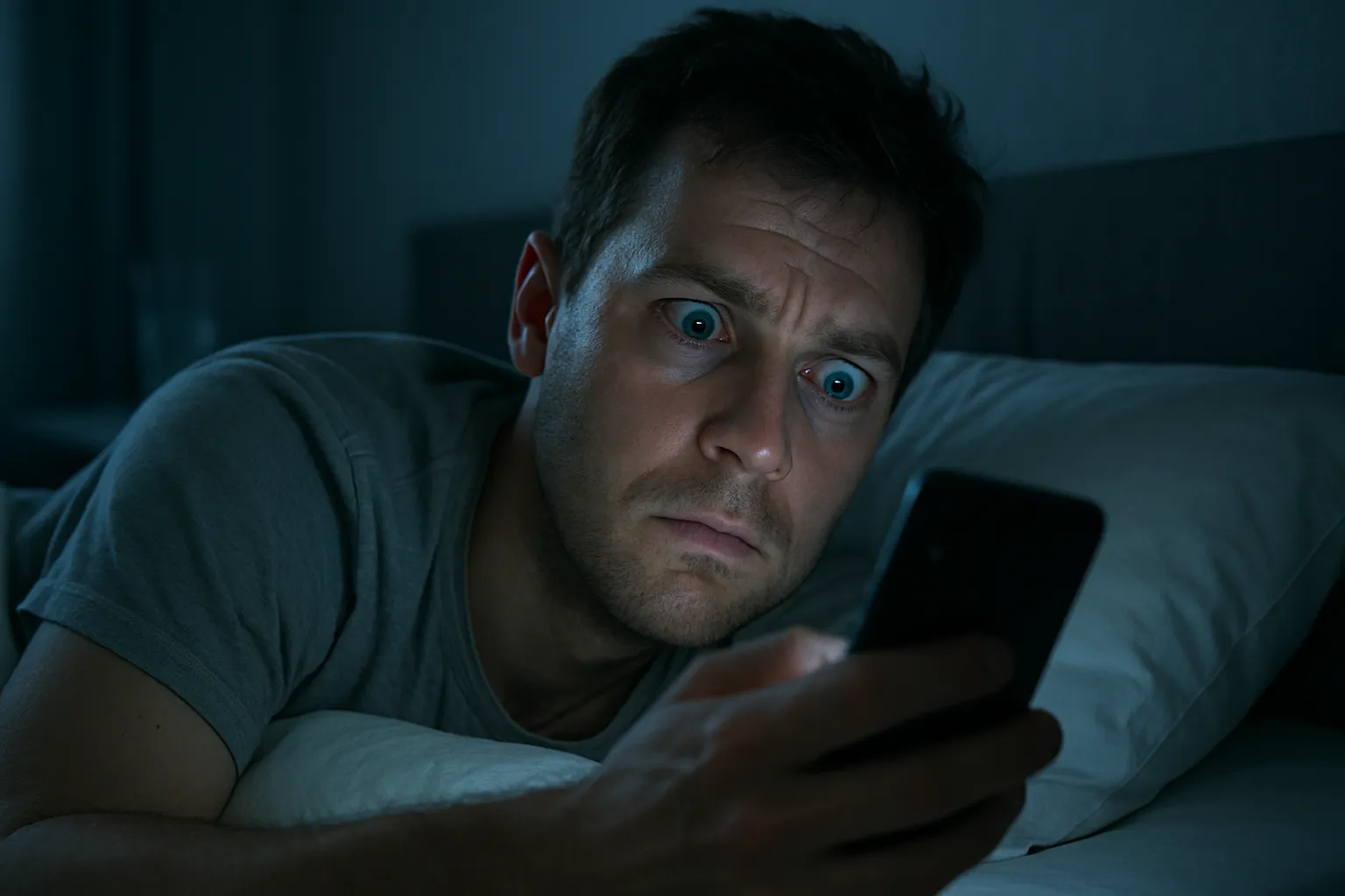 Pessoa exausta deitada na cama com olhos abertos incapaz de dormir após exposição à luz azul do celular à noite
