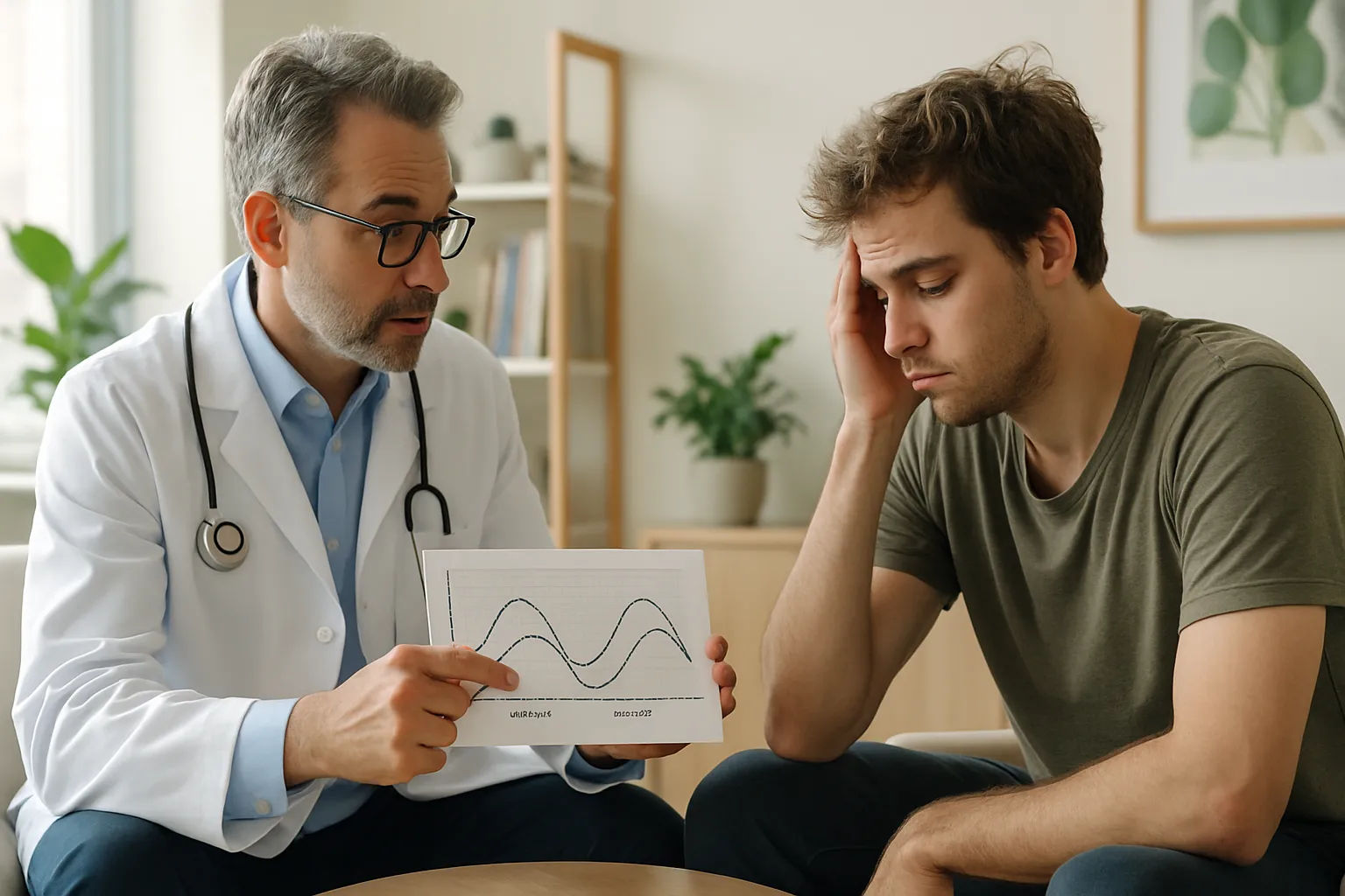 Especialista em sono analisando padrões de ritmo circadiano com paciente apresentando sintomas de jet lag social em consulta clínica