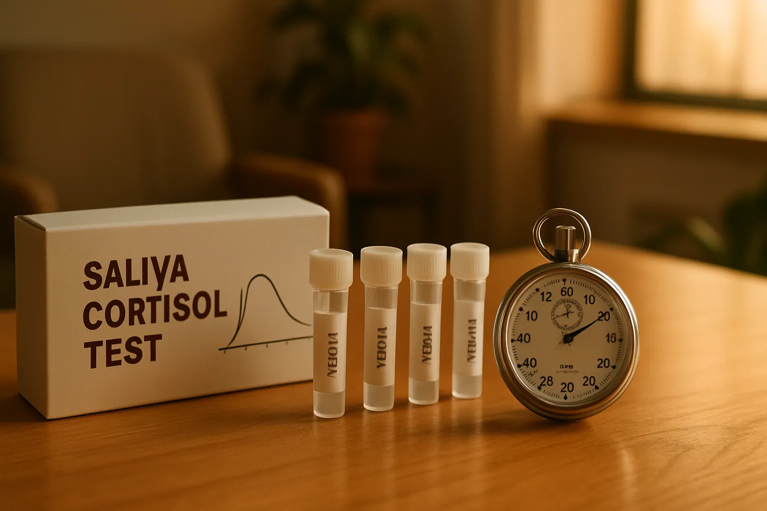 Kit completo para teste de cortisol salivar matinal com tubos de coleta e gráfico de ritmo circadiano em ambiente de consultório acolhedor