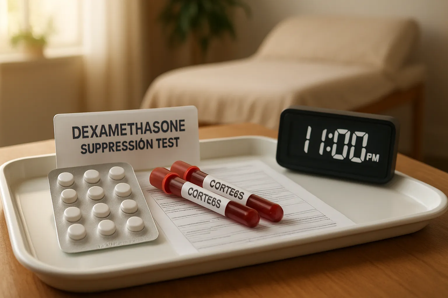 Kit completo para teste de supressão com dexametasona mostrando comprimidos, tubos de coleta e relógio para timing correto do exame