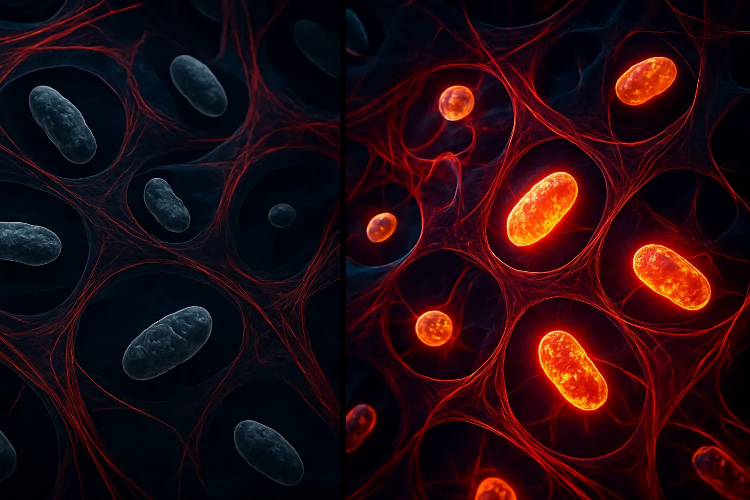 Comparação visual mostrando enzimas inativas versus enzimas ativadas pelo manganês em nível celular