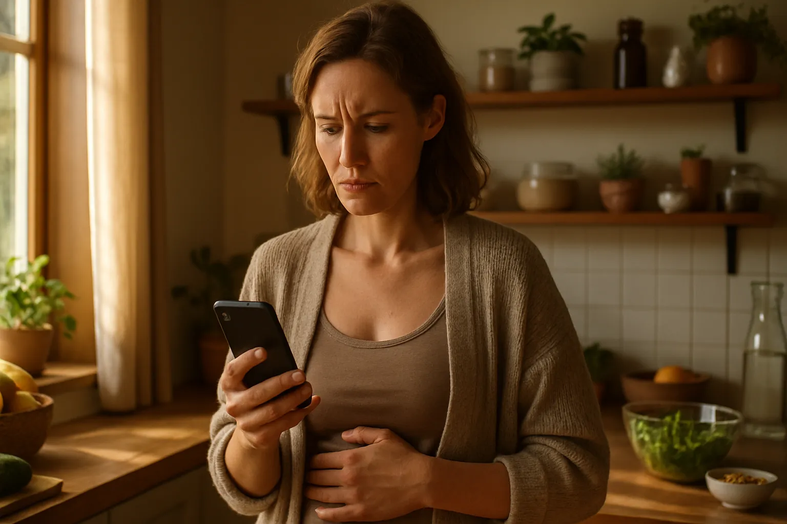 Mulher verificando aplicativo de jejum intermitente no celular durante a manhã, demonstrando preocupação com os efeitos do jejum no corpo feminino