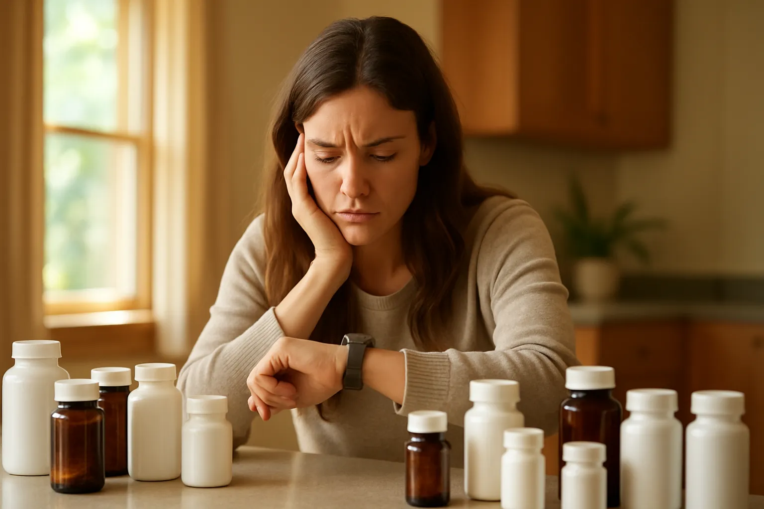 Mulher preocupada verificando horário enquanto organiza múltiplos frascos de suplementos na bancada da cozinha, demonstrando confusão sobre o timing correto da suplementação
