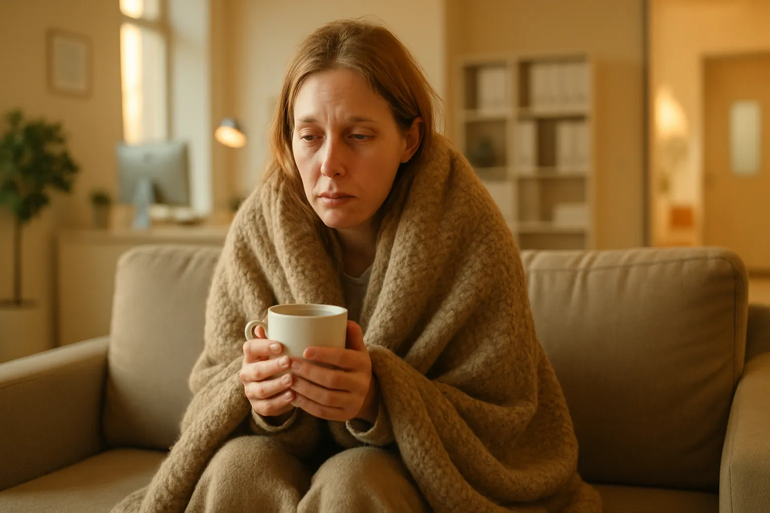 Mulher envolta em cobertor demonstrando fadiga crônica e sensação constante de frio, sintomas de deficiência de cobre e metabolismo lento