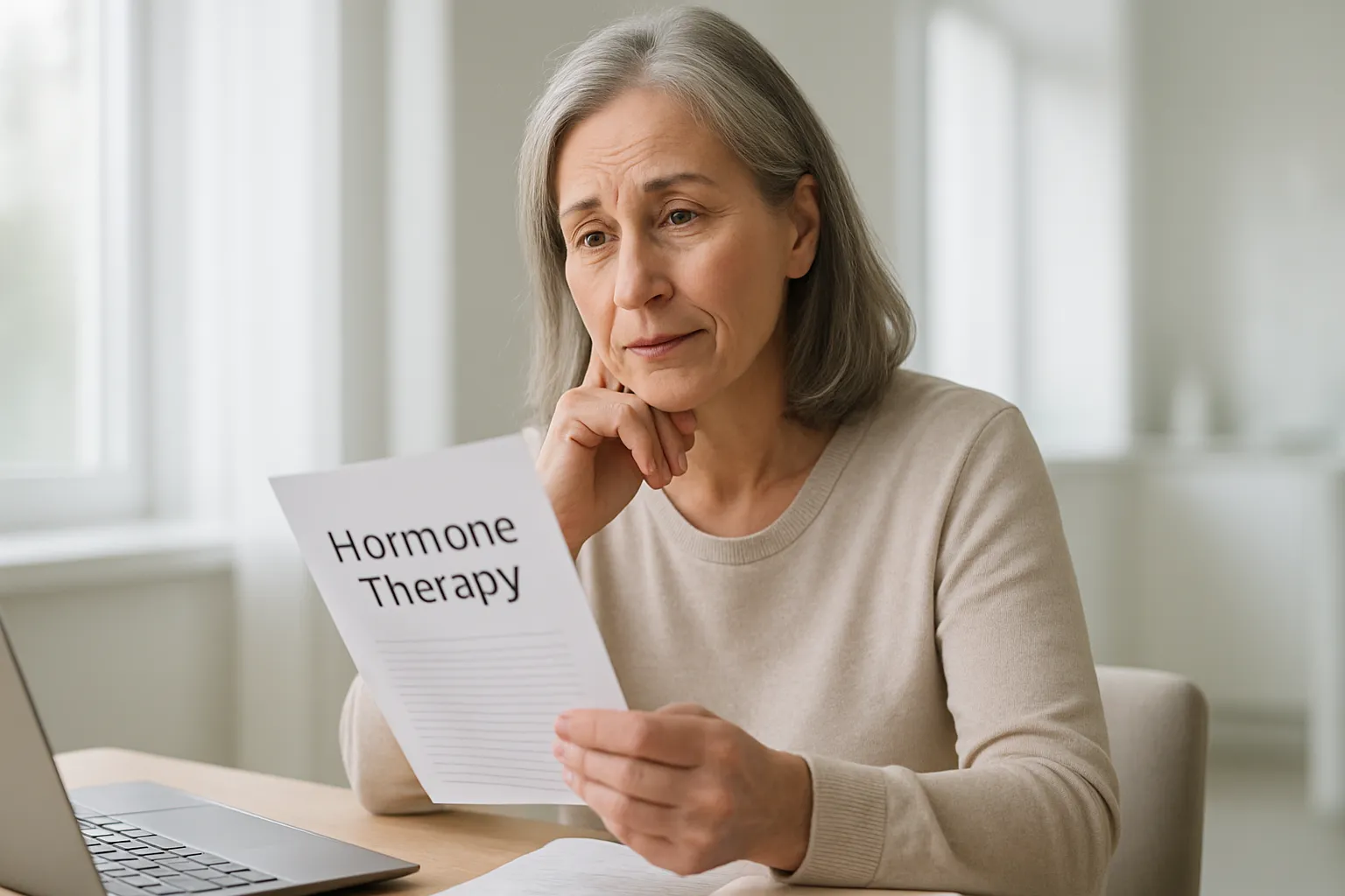 Mulher madura lendo informações sobre reposição hormonal em casa, demonstrando o processo de decisão informada sobre tratamento