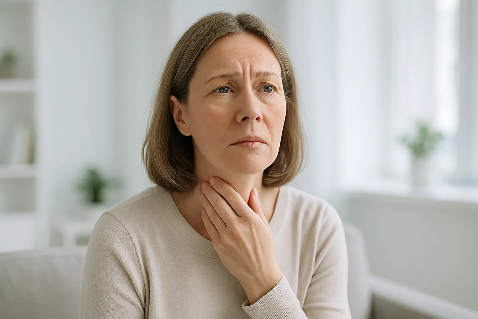 Mulher preocupada tocando a região do pescoço onde fica a tireoide, demonstrando preocupação após descoberta de nódulo tireoidiano