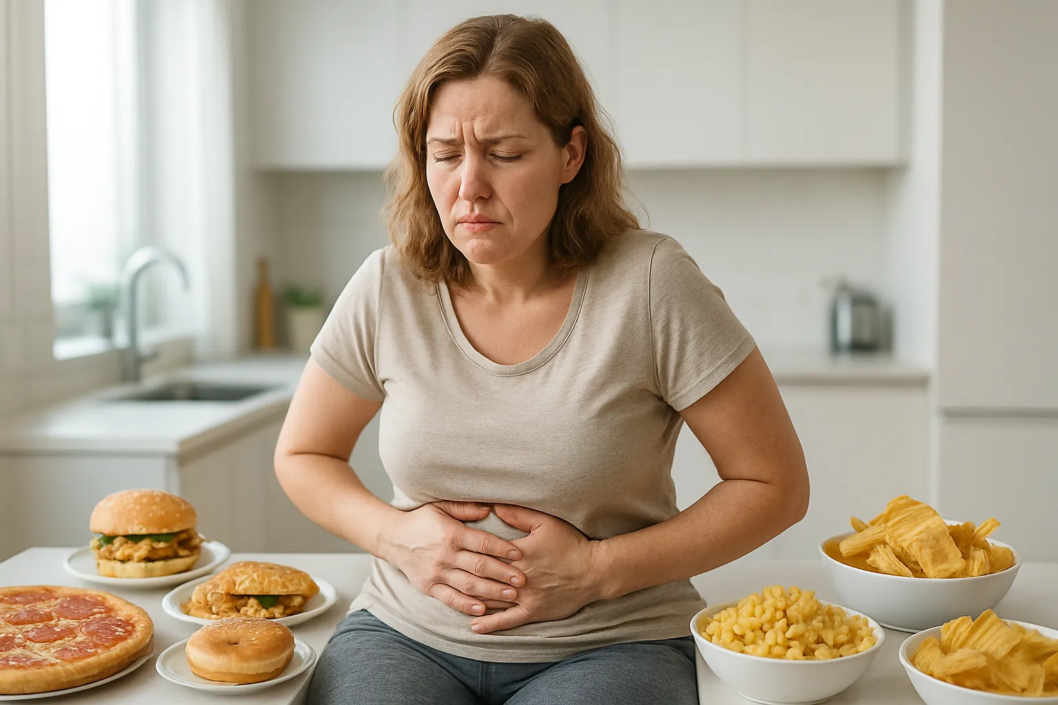 Mulher demonstrando sintomas de desequilíbrio hormonal e intestinal relacionados à baixa ingestão de fibras, incluindo fadiga e desconforto abdominal
