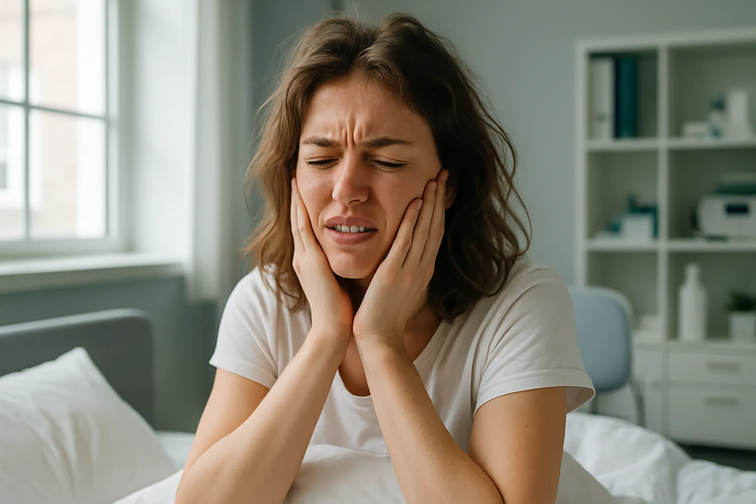 Mulher jovem acordando pela manhã tocando a mandíbula com expressão de dor causada pelo bruxismo noturno