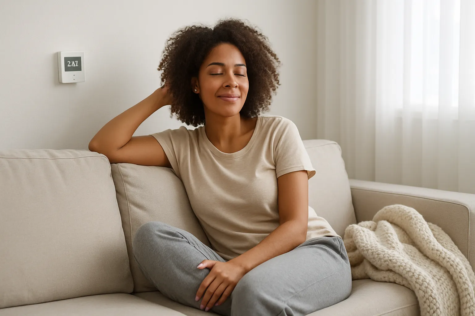 Mulher relaxada em ambiente climatizado demonstrando zona de conforto térmico que pode desacelerar o metabolismo