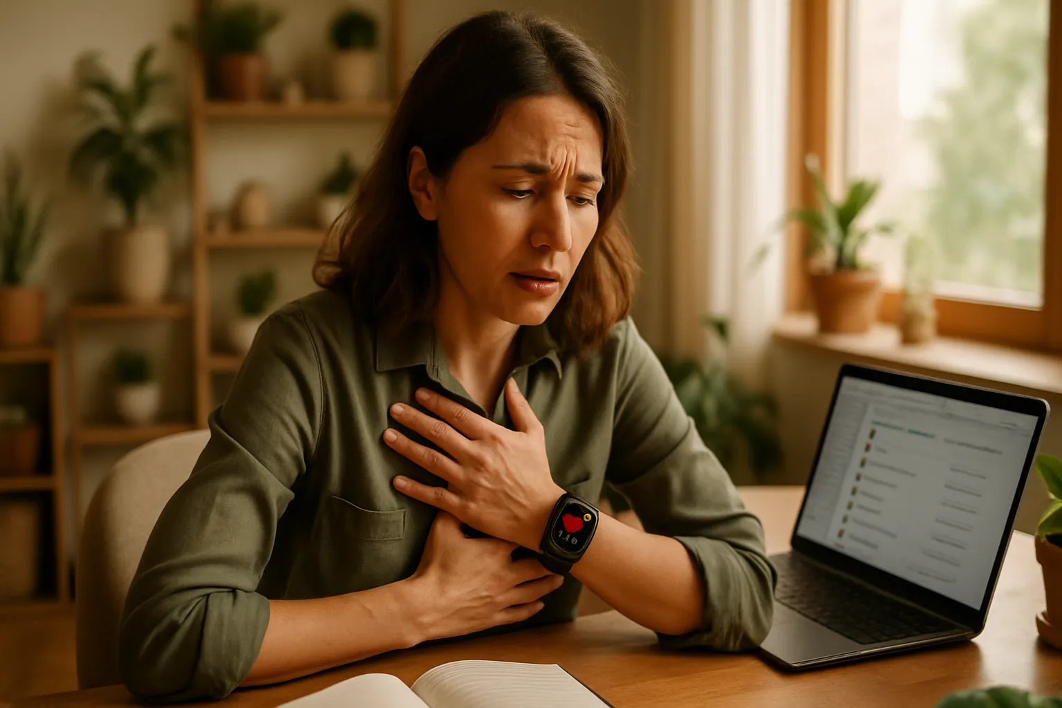 Profissional estressado em home office tocando o peito preocupado com batimentos cardíacos irregulares, usando smartwatch que monitora frequência cardíaca