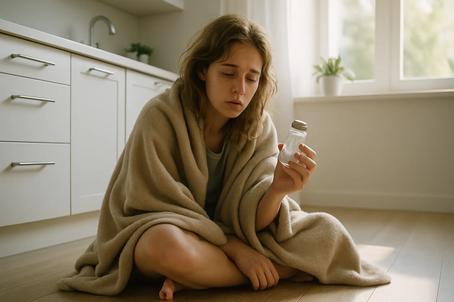 Mulher exausta sentada no chão da cozinha pela manhã, envolta em cobertor e segurando saleiro, demonstrando sinais de fadiga adrenal crônica e compulsão por sal - sintomas de insuficiência adrenal