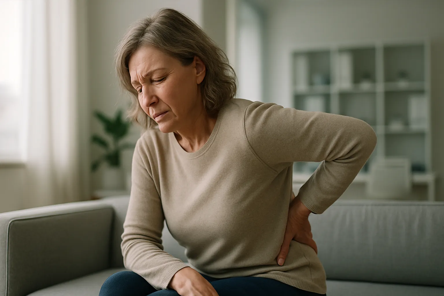 Mulher sentada no sofá segurando as costas com expressão de fadiga e desconforto ósseo, sintoma de PTH elevado