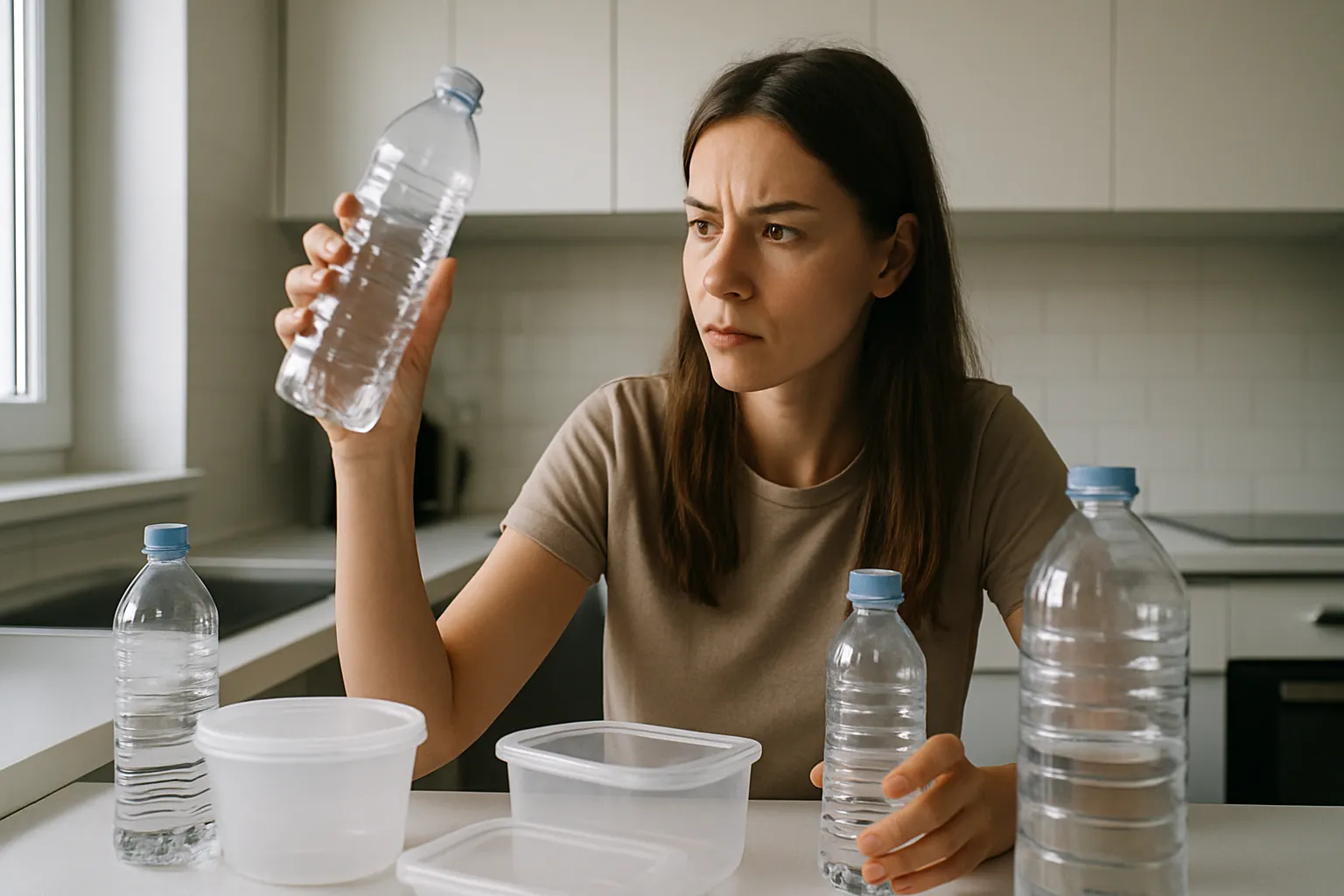 Mulher preocupada examinando garrafas plásticas e embalagens em sua cozinha, consciente dos riscos dos microplásticos à saúde hormonal