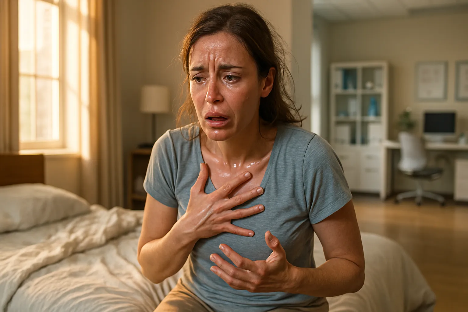 Mulher jovem sentada na cama com mão no peito mostrando sintomas de hipertireoidismo como palpitações cardíacas, ansiedade e tremores