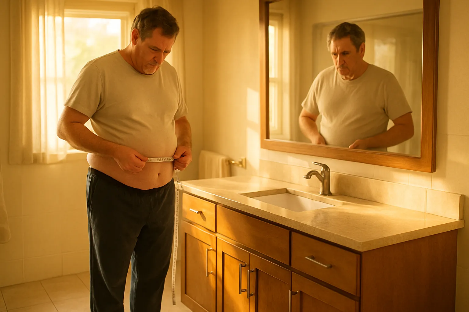 Pessoa preocupada medindo circunferência abdominal aumentada, sinalizando alerta metabólico silencioso relacionado a SHBG baixo