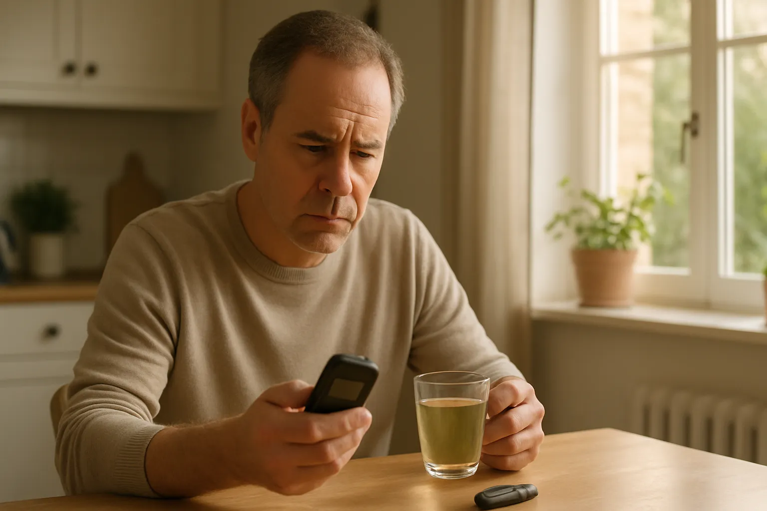 Pessoa verificando medidor de glicemia enquanto segura xícara de chá verde, demonstrando preocupação com sensibilidade à insulina e controle metabólico