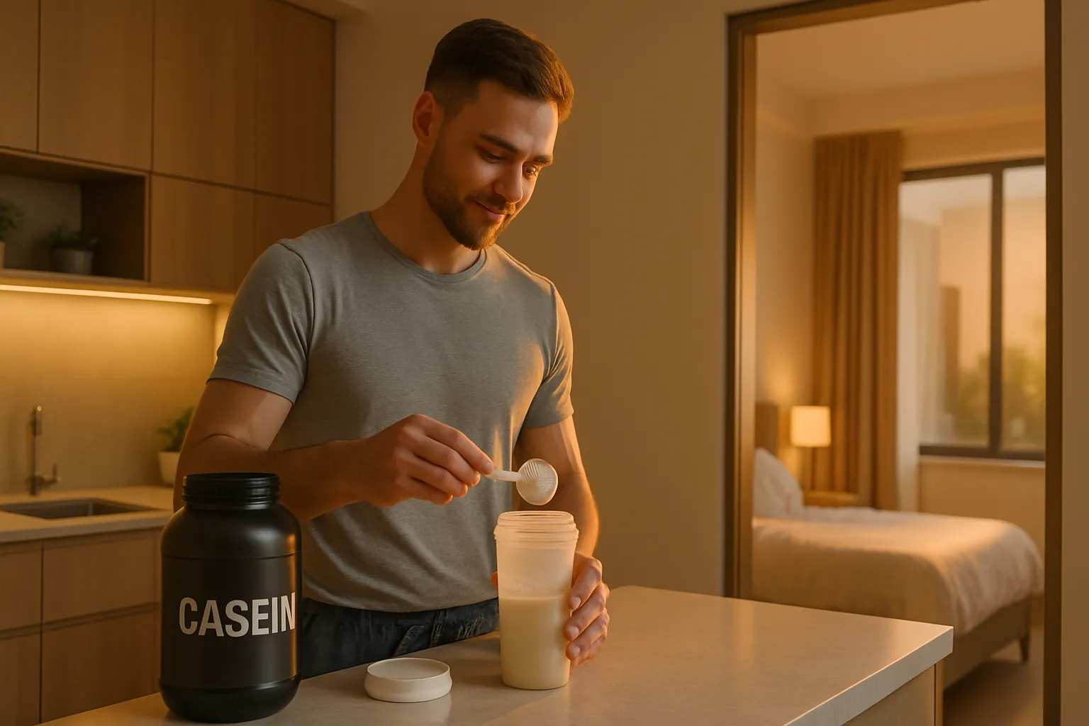 Pessoa preparando shake de caseína noturna em ambiente clínico contemporâneo antes de dormir, demonstrando rotina de suplementação para recuperação muscular durante o sono