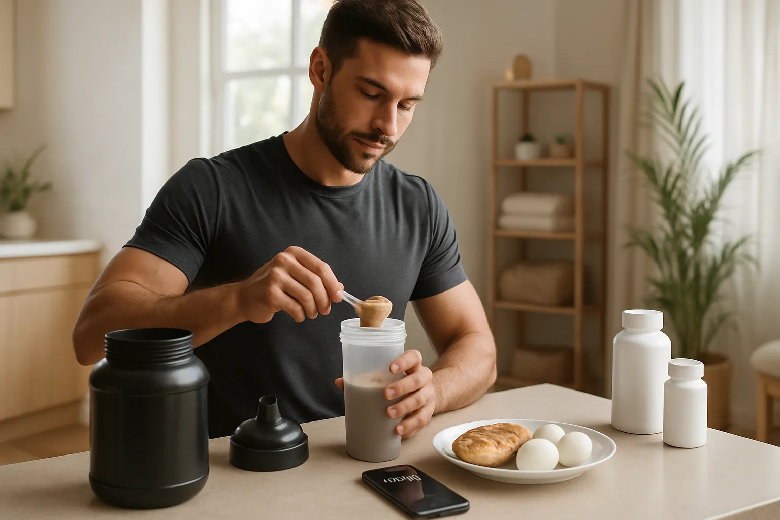 Pessoa atlética preparando refeição proteica pós-treino com whey protein, frango e ovos, com timer de jejum no smartphone, demonstrando estratégia para preservar massa magra