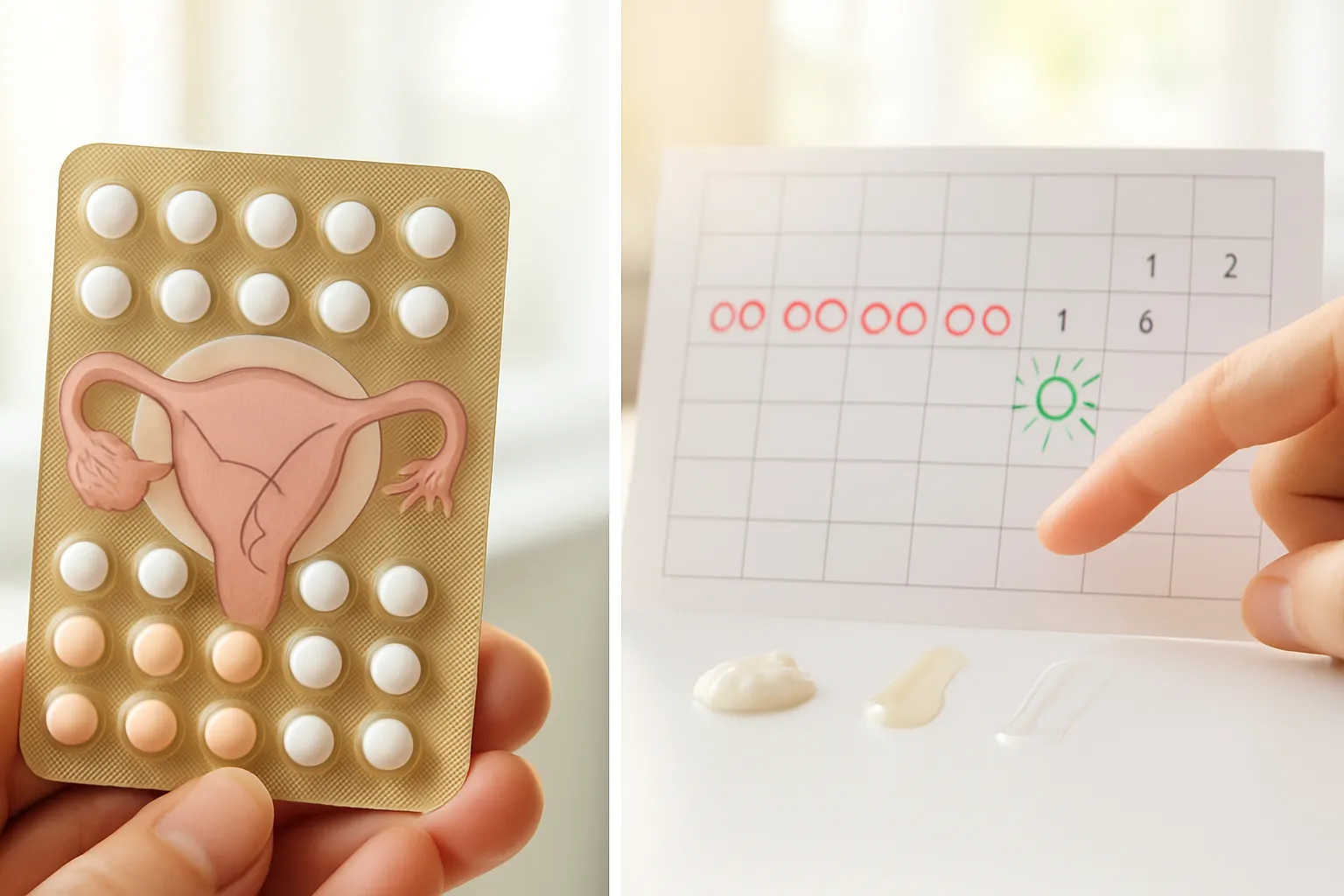 Comparação visual entre ciclo suprimido pela pílula anticoncepcional e recuperação natural do ciclo menstrual com sinais de ovulação