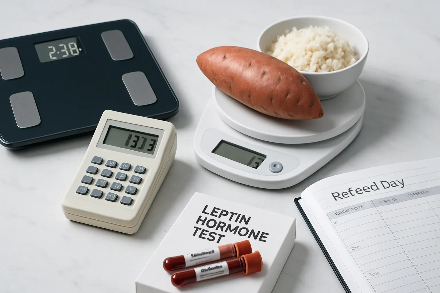 Ferramentas profissionais de monitoramento metabólico incluindo balança de composição corporal, calculadora de taxa metabólica, kit de teste de leptina e alimentos estratégicos para refeed dispostos em superfície clínica