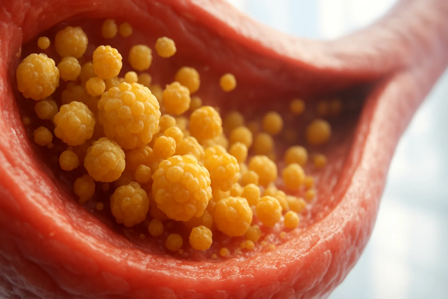 Visualização médica detalhada de partículas de lipoproteína(a) aderindo às paredes arteriais, ilustrando o risco cardiovascular hereditário