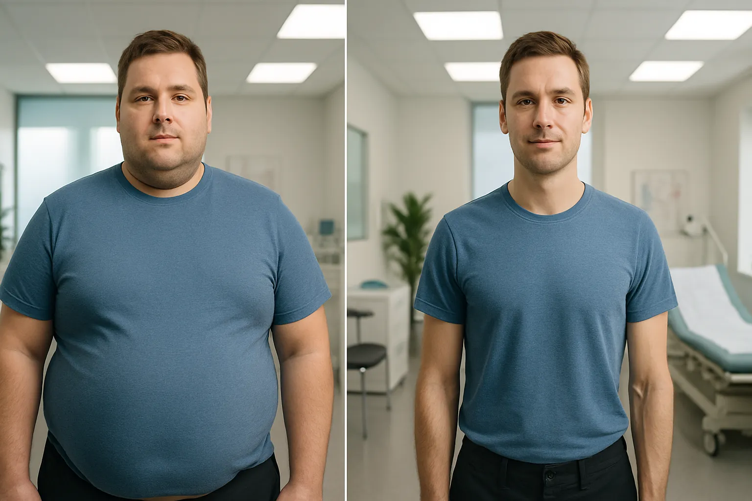 Comparação visual antes e depois demonstrando o conceito de set point metabólico e defesa do peso corporal