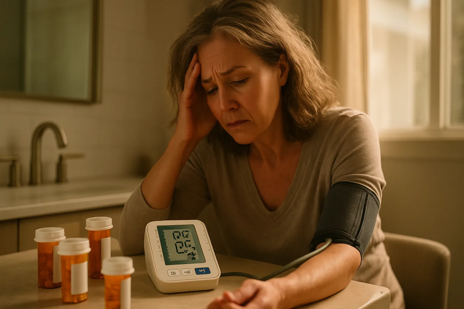 Mulher preocupada verificando pressão arterial alta em casa cercada por múltiplos medicamentos anti-hipertensivos, representando hipertensão resistente da Síndrome de Conn