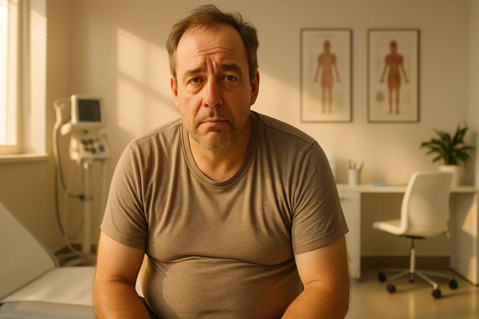 Homem de meia-idade mostrando sinais visíveis de hipogonadismo secundário: fadiga crônica, aumento de gordura abdominal e perda de massa muscular