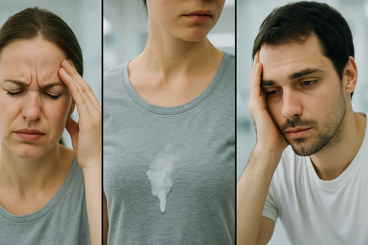 Representação visual dos três principais sintomas do prolactinoma: dor de cabeça persistente, galactorreia e perda de libido em contexto clínico