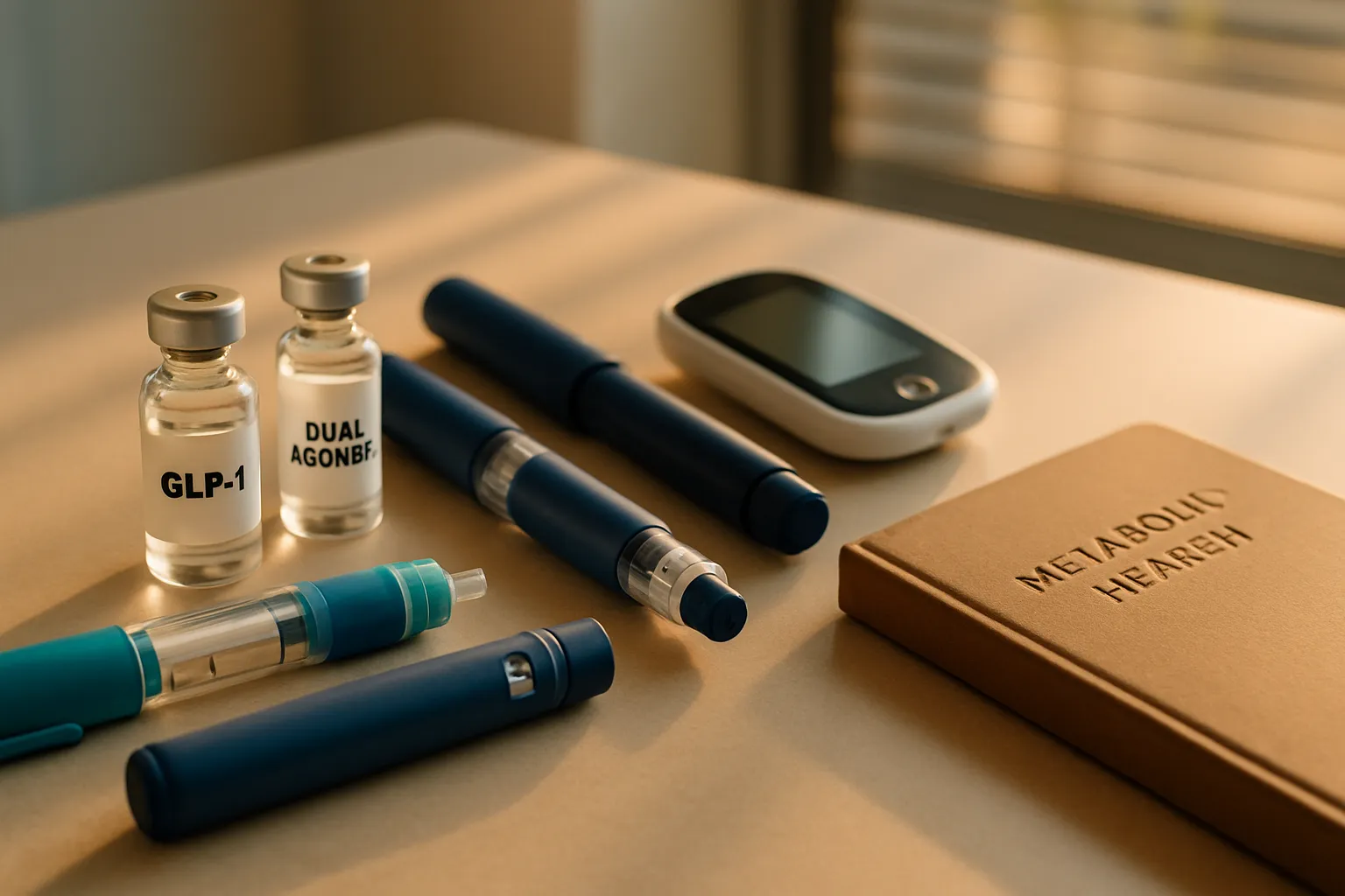 Conjunto de medicamentos para terapia de incretinas incluindo canetas injetoras e dispositivo de monitoramento de glicose em clínica de saúde contemporânea