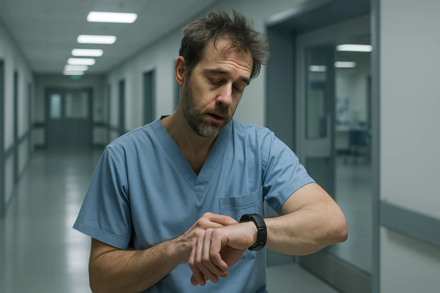 Profissional de saúde em turno noturno mostrando sinais de fadiga e desregulação do ritmo circadiano durante madrugada de trabalho