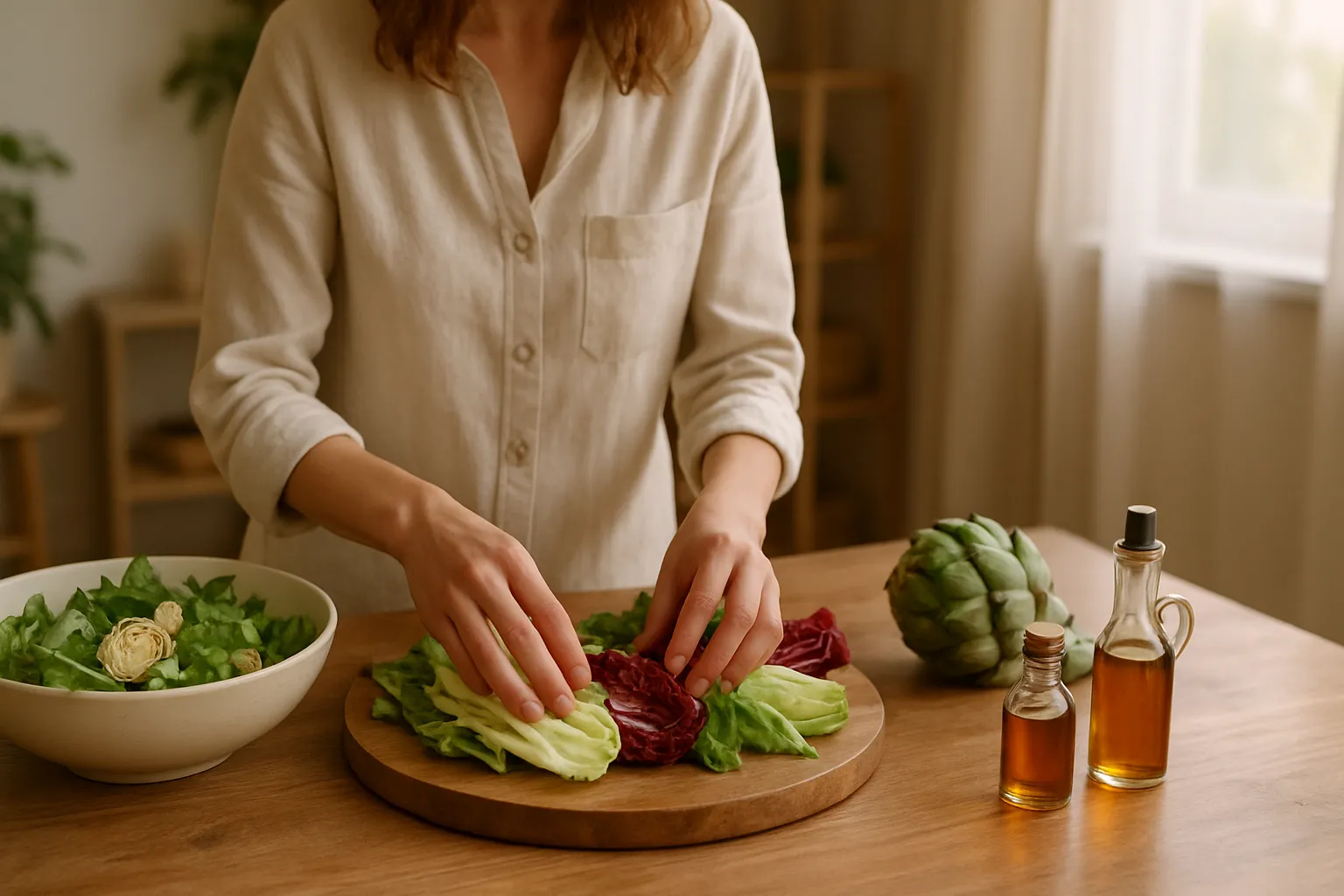 Profissional de saúde preparando salada de folhas amargas com alcachofra e rúcula para estimulação natural da bile em sala de tratamento holístico