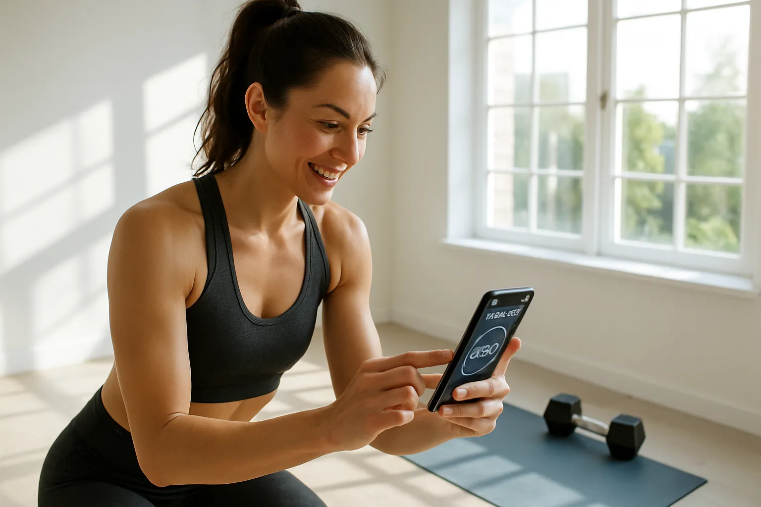 Mulher atlética conferindo aplicativo de jejum intermitente no celular antes de treinar pela manhã em academia caseira iluminada