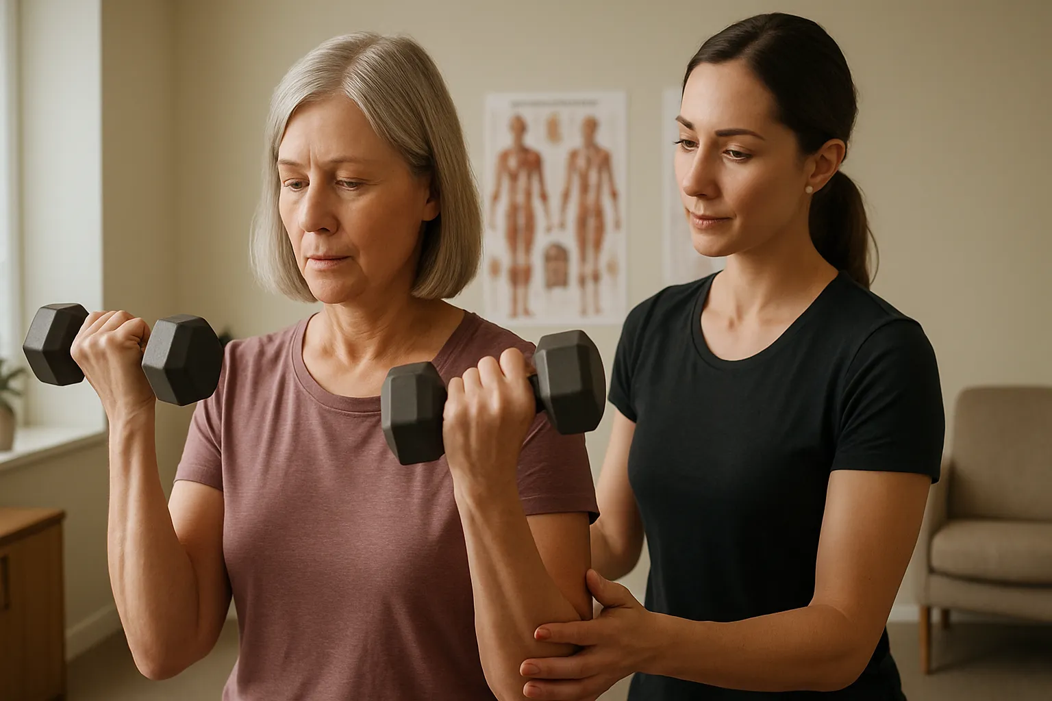 Mulher na menopausa realizando treino de força com pesos para fortalecer densidade óssea e prevenir osteopenia
