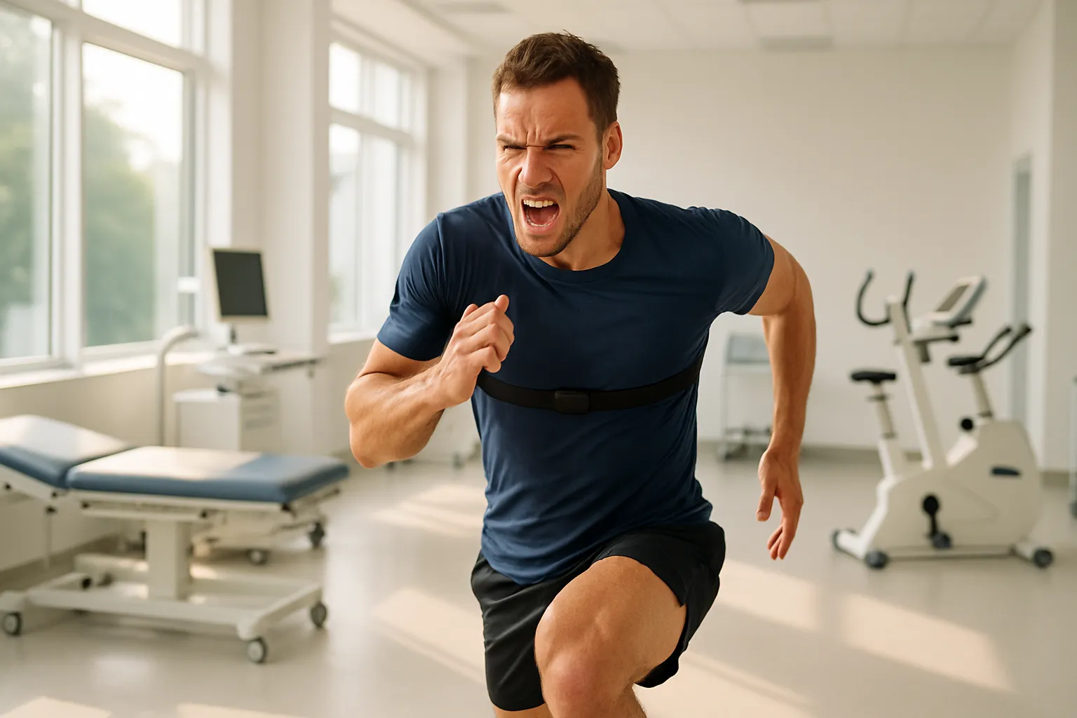 Pessoa realizando treino intervalado de alta intensidade (HIIT) em ambiente clínico com monitor cardíaco, demonstrando exercício para tratamento de resistência à insulina