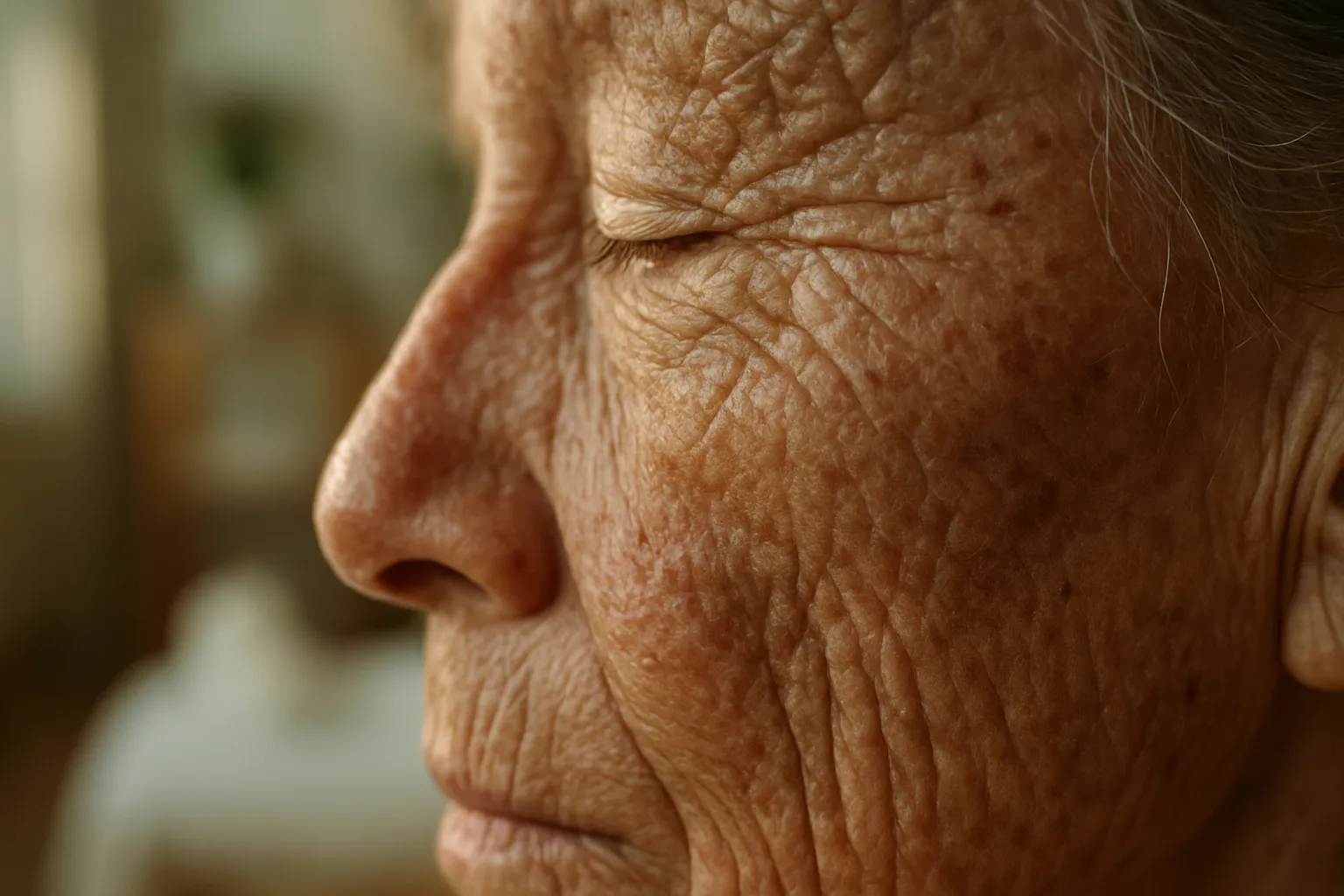 Close-up de pele mostrando sinais visíveis de estresse oxidativo e envelhecimento celular prematuro