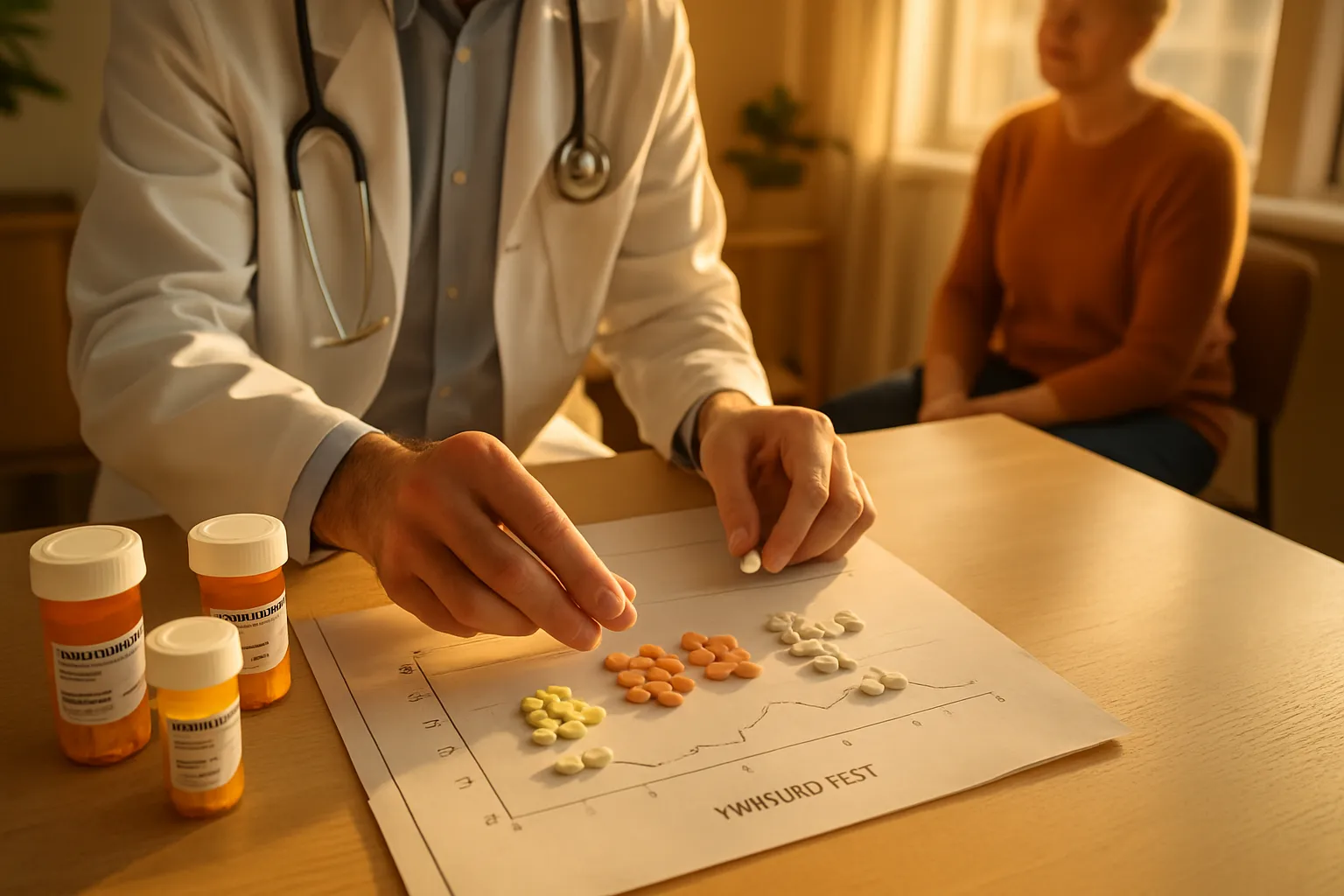 Profissional de saúde preparando ajuste de dose de levotiroxina com resultados de exames tireoidianos e diferentes dosagens de medicamento sobre a mesa