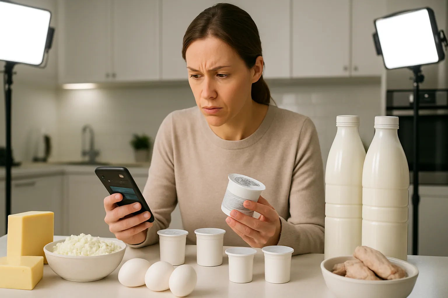 Alimentos com Alta Resposta Insulínica Pessoa examinando rótulos de laticínios e proteínas para entender índice insulinêmico dos alimentos