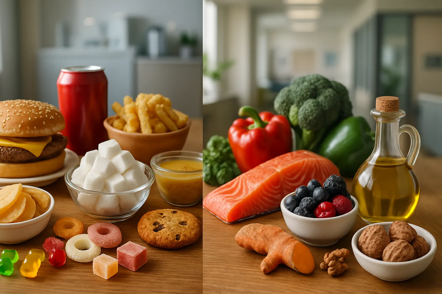 Comparação visual entre alimentos que causam neuroinflamação e alimentos anti-inflamatórios que protegem o cérebro