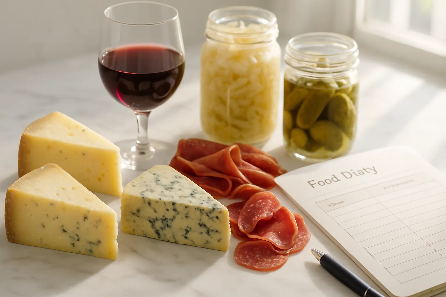 Close-up de alimentos ricos em histamina como queijos curados, embutidos e vinho tinto ao lado de diário alimentar para rastreamento de sintomas de intolerância