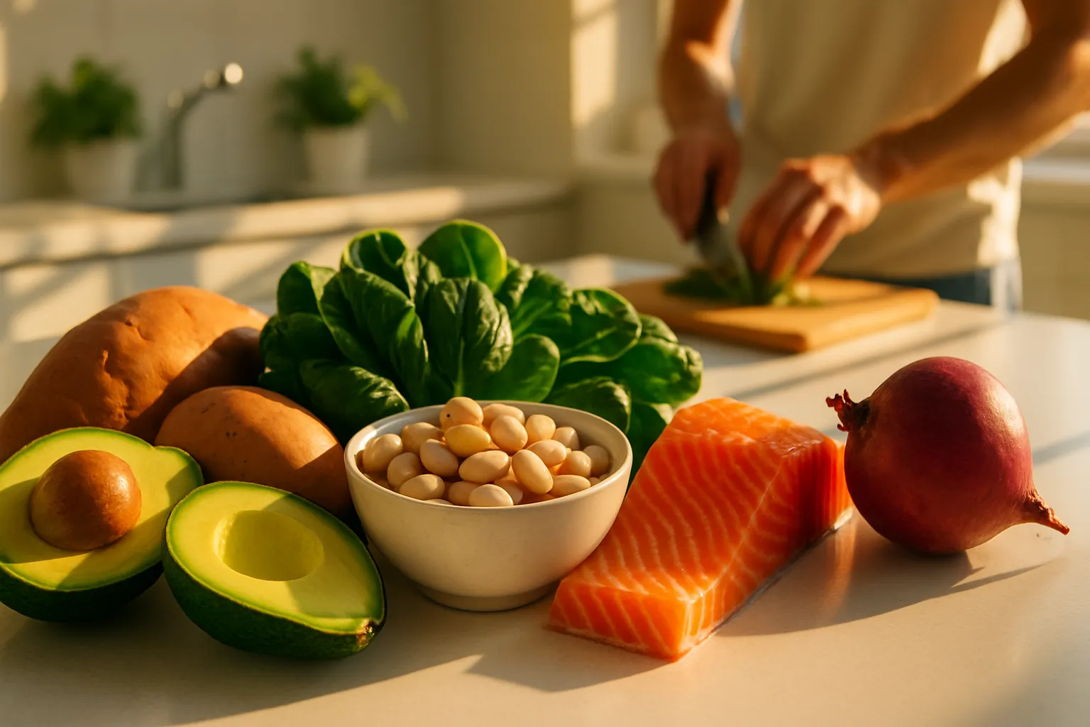 Arranjo vibrante de alimentos integrais ricos em potássio incluindo abacate, batata-doce, espinafre, feijão branco, salmão e beterraba em bancada de cozinha com preparação de refeição