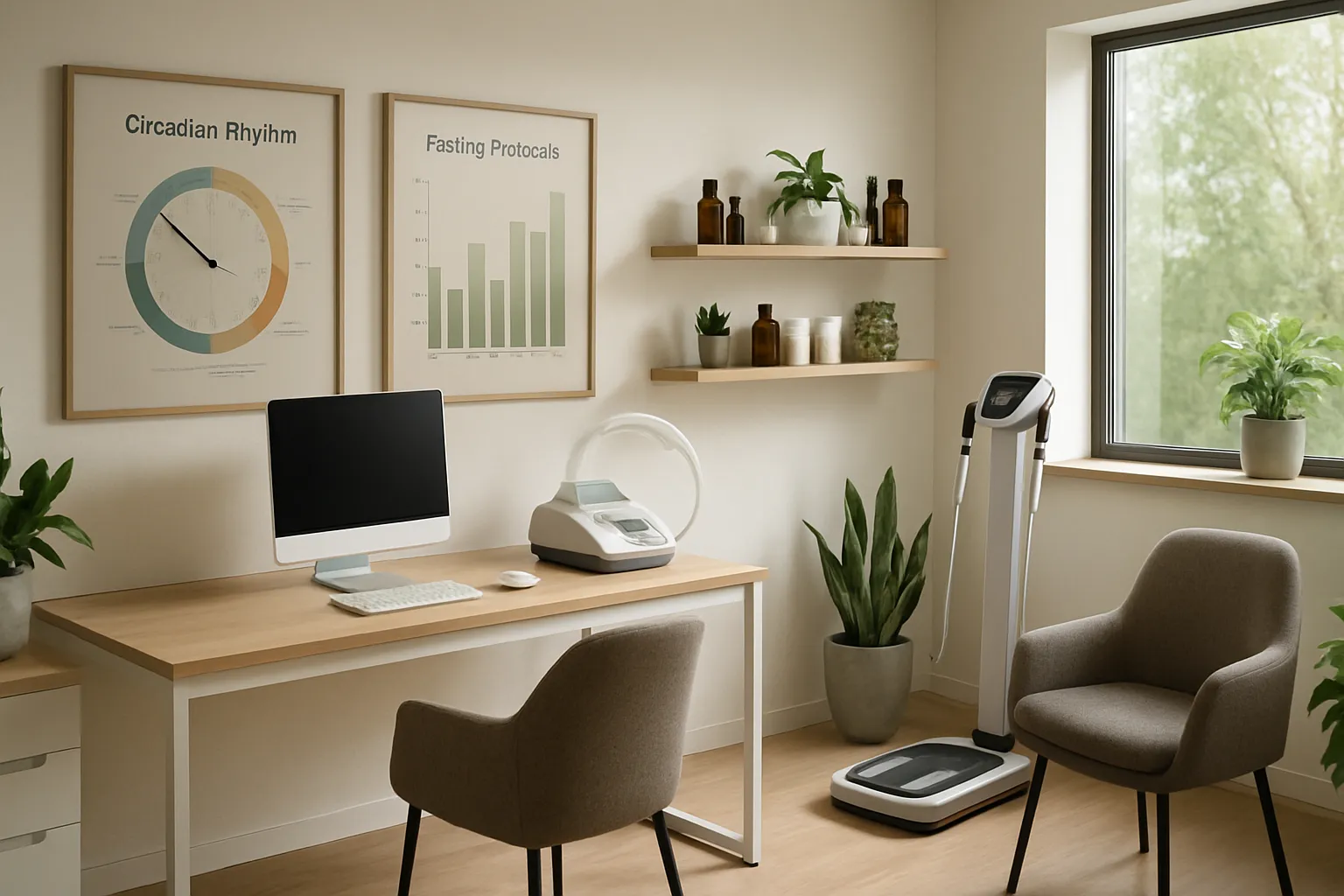 Sala de tratamento holístico especializada em otimização metabólica, equipada com analisador de composição corporal e materiais educativos sobre protocolos de jejum e regulação glicêmica
