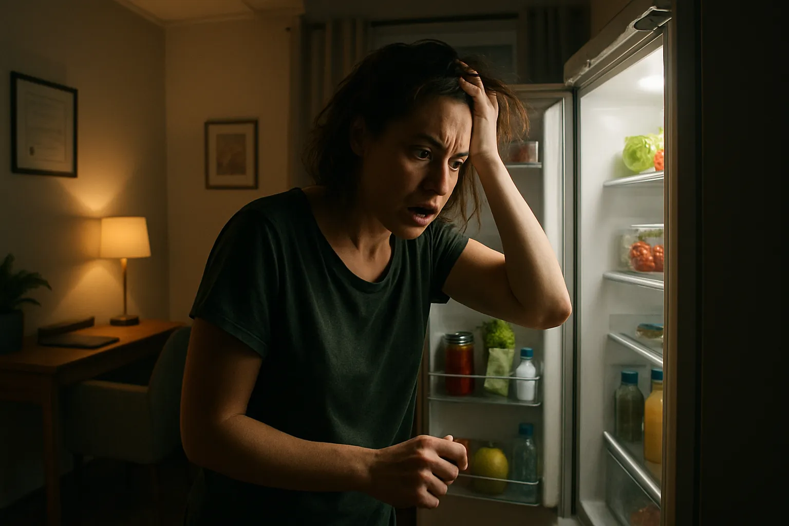 Pessoa em pé diante da geladeira aberta à noite, representando o momento de fome emocional e o dilema entre fome real e impulso emocional