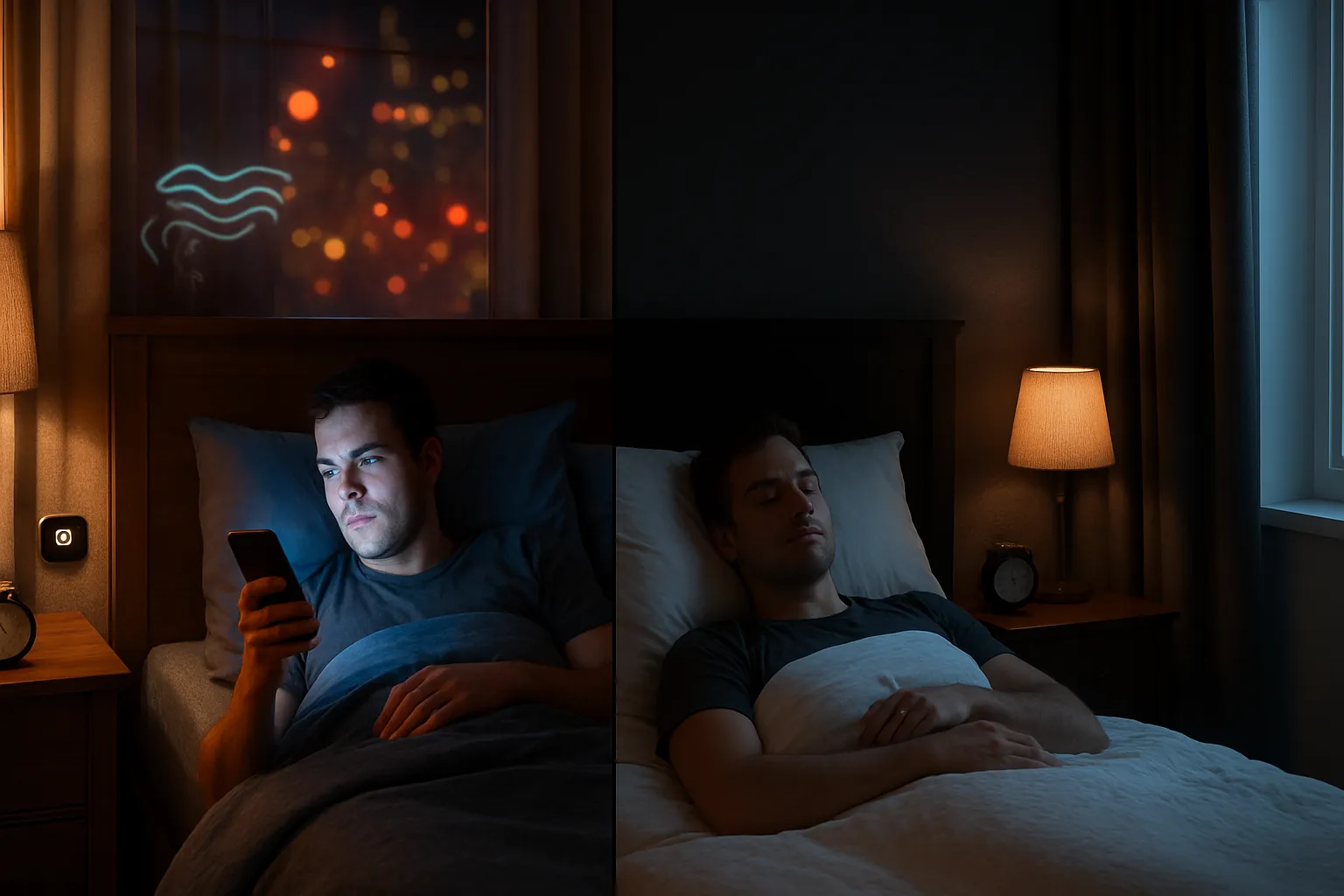 Comparação visual de ambiente de quarto mostrando lado esquerdo com fatores que sabotam o sono profundo como luz artificial e ruído urbano, e lado direito com ambiente otimizado com cortinas blackout e temperatura adequada para maximizar liberação de GH