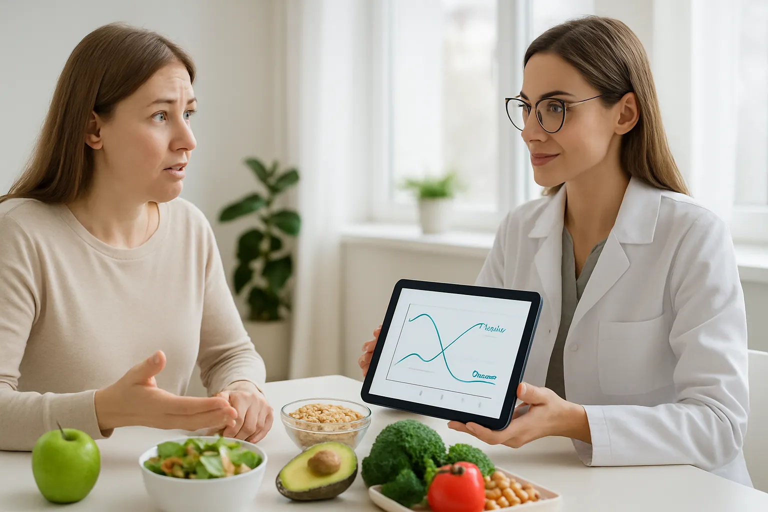 Paciente em consulta nutricional discutindo mudanças no apetite com gráfico de hormônios leptina e grelina