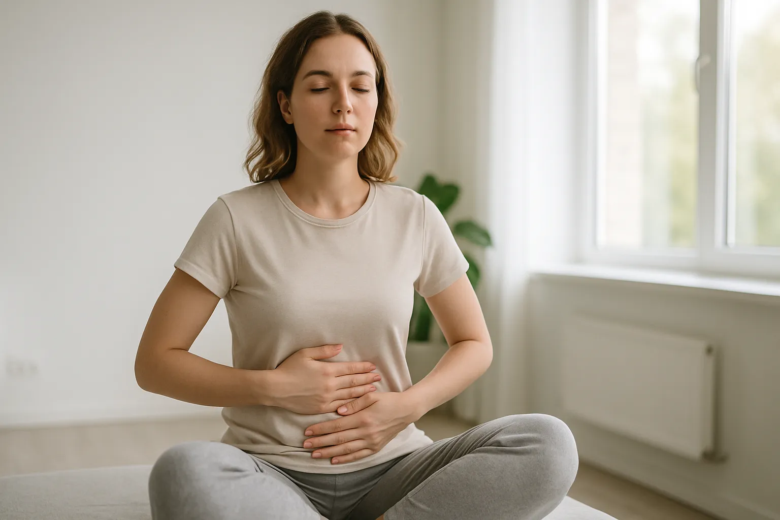 Pessoa praticando técnica de respiração diafragmática para redução do cortisol e regulação do sistema nervoso