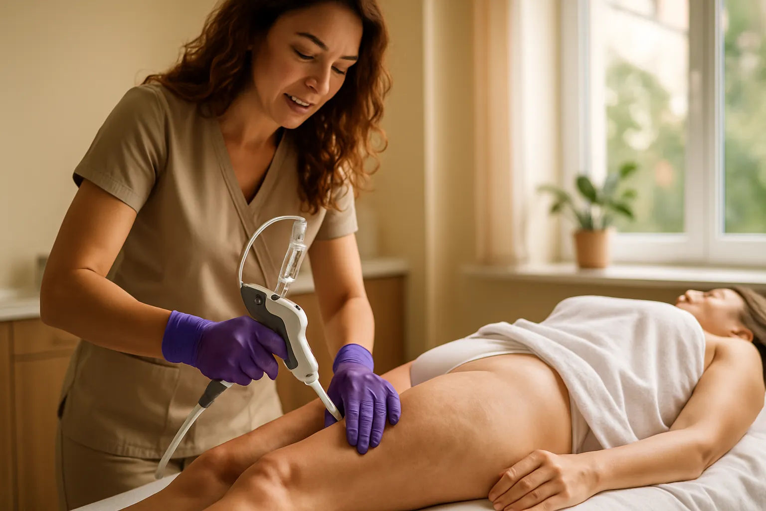 Profissional de saúde aplicando tratamento de carboxiterapia com CO2 medicinal na região da coxa de paciente para tratamento de celulite em ambiente clínico acolhedor