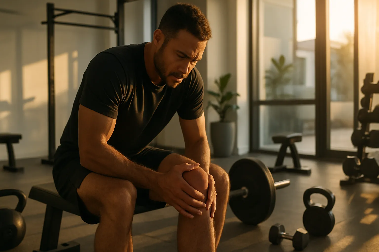 Atleta sentado demonstrando frustração com lesão no joelho que não cicatriza, evidenciando o impacto do cortisol elevado na recuperação